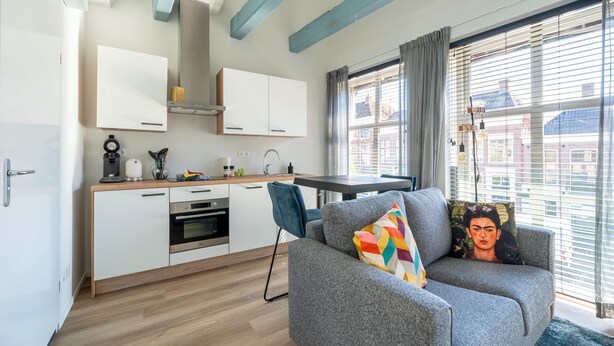 A modern living room with a grey sofa, a colorful pillow, and a window with blinds. - Cozy apartment in the heart of Sneek (Friesland)