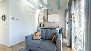 A modern living room with a grey sofa, colorful pillows, and a kitchen area with white cabinets and a black countertop. - Cozy apartment in the heart of Sneek (Friesland)