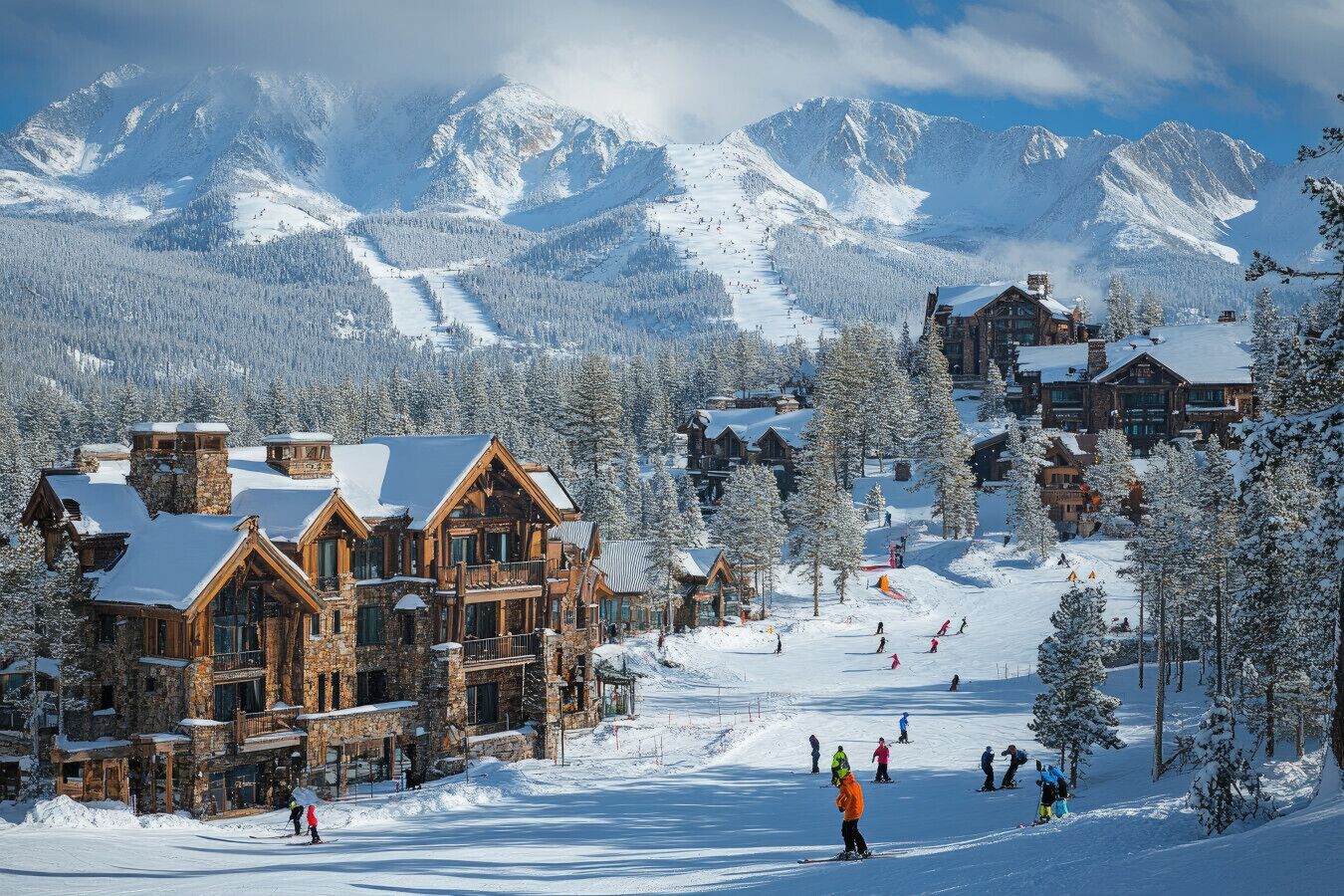A lodge with a stone facade and multiple stories, surrounded by snow-covered mountains and trees.