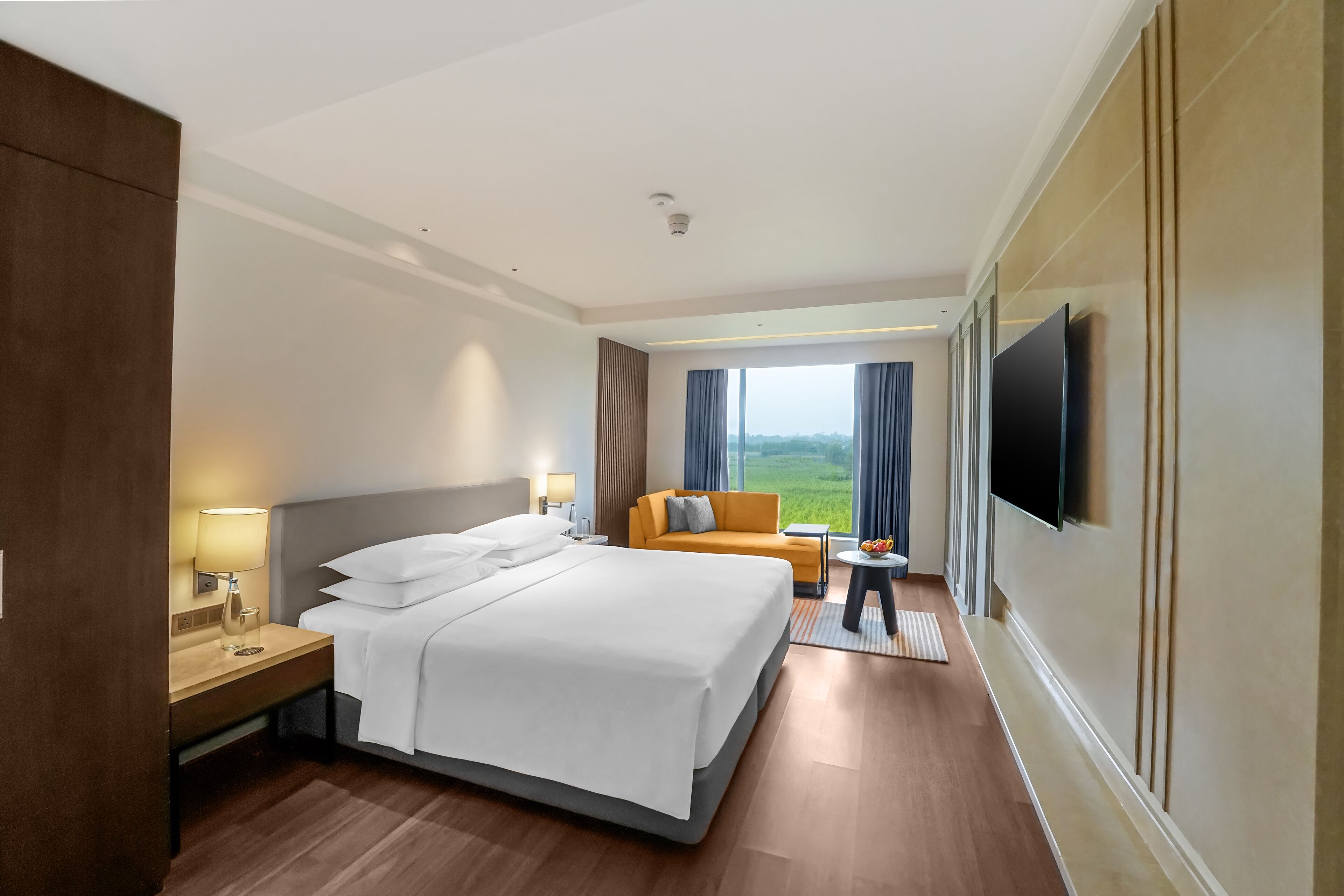 A hotel room with a large bed, a sofa, a TV, and a view of the outdoors.
