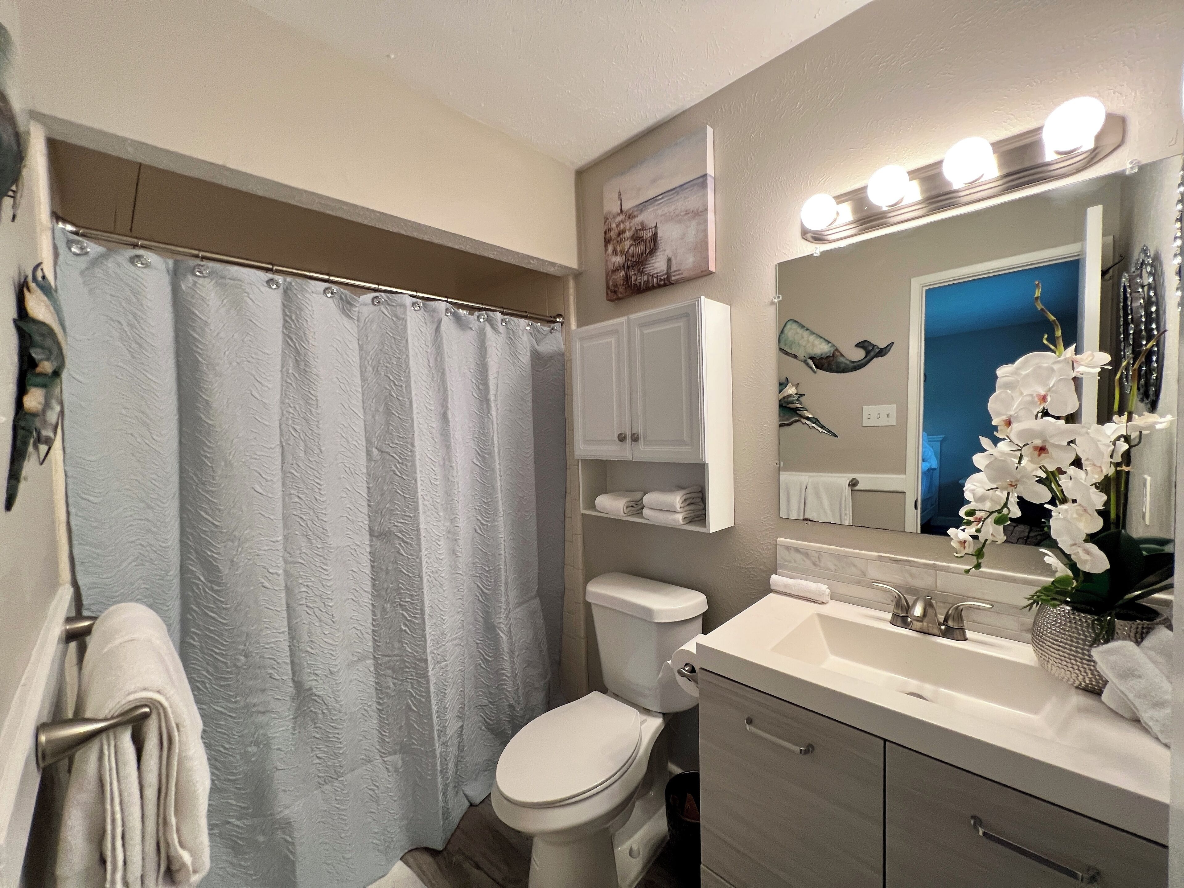Hair dryer, towels, soap, shampoo
