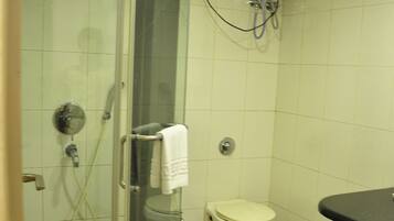 Een badkamer met een douchecabine, toilet en wastafel.