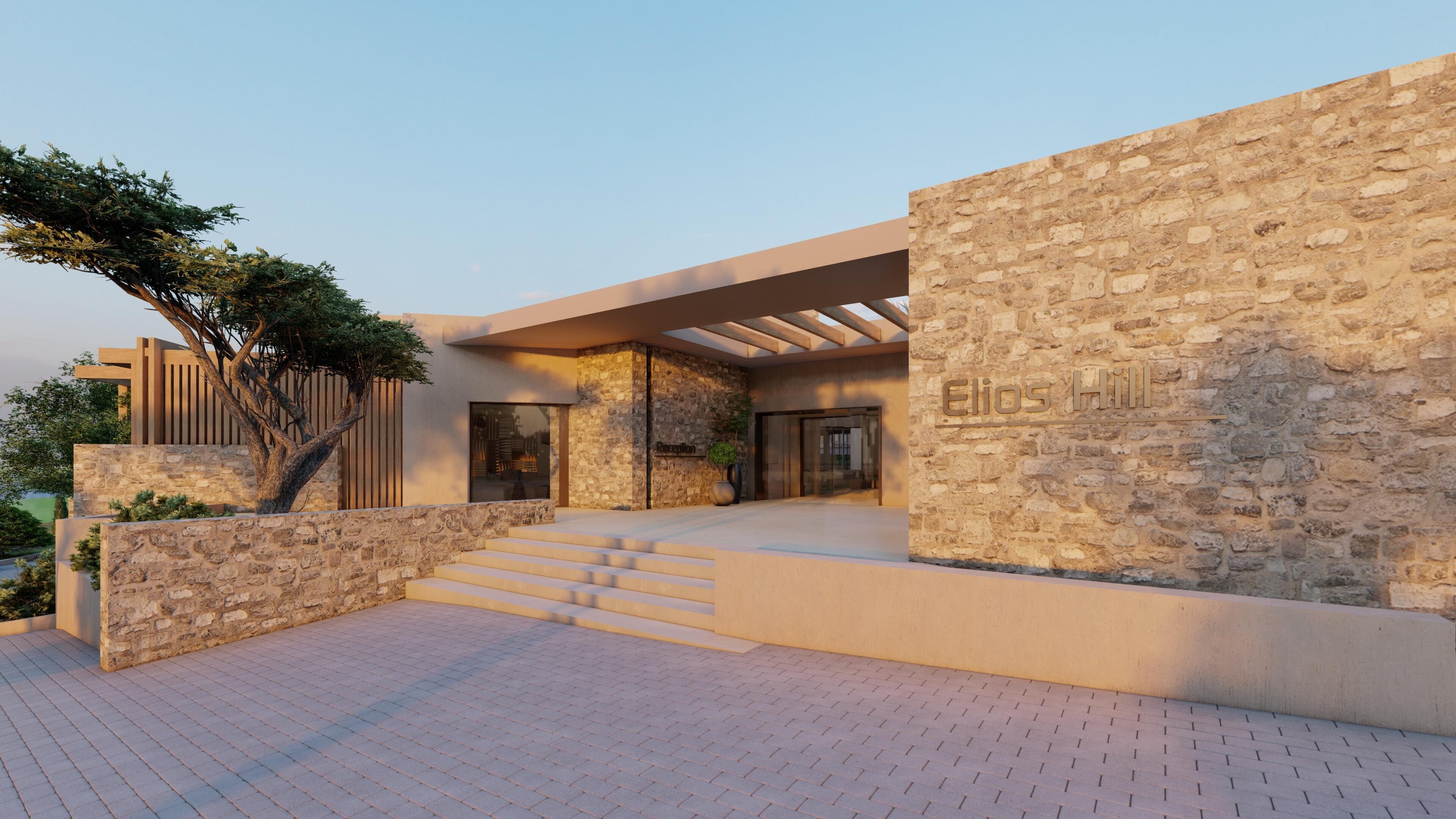 A modern building with a stone facade, a reception area, and a staircase leading to the entrance.