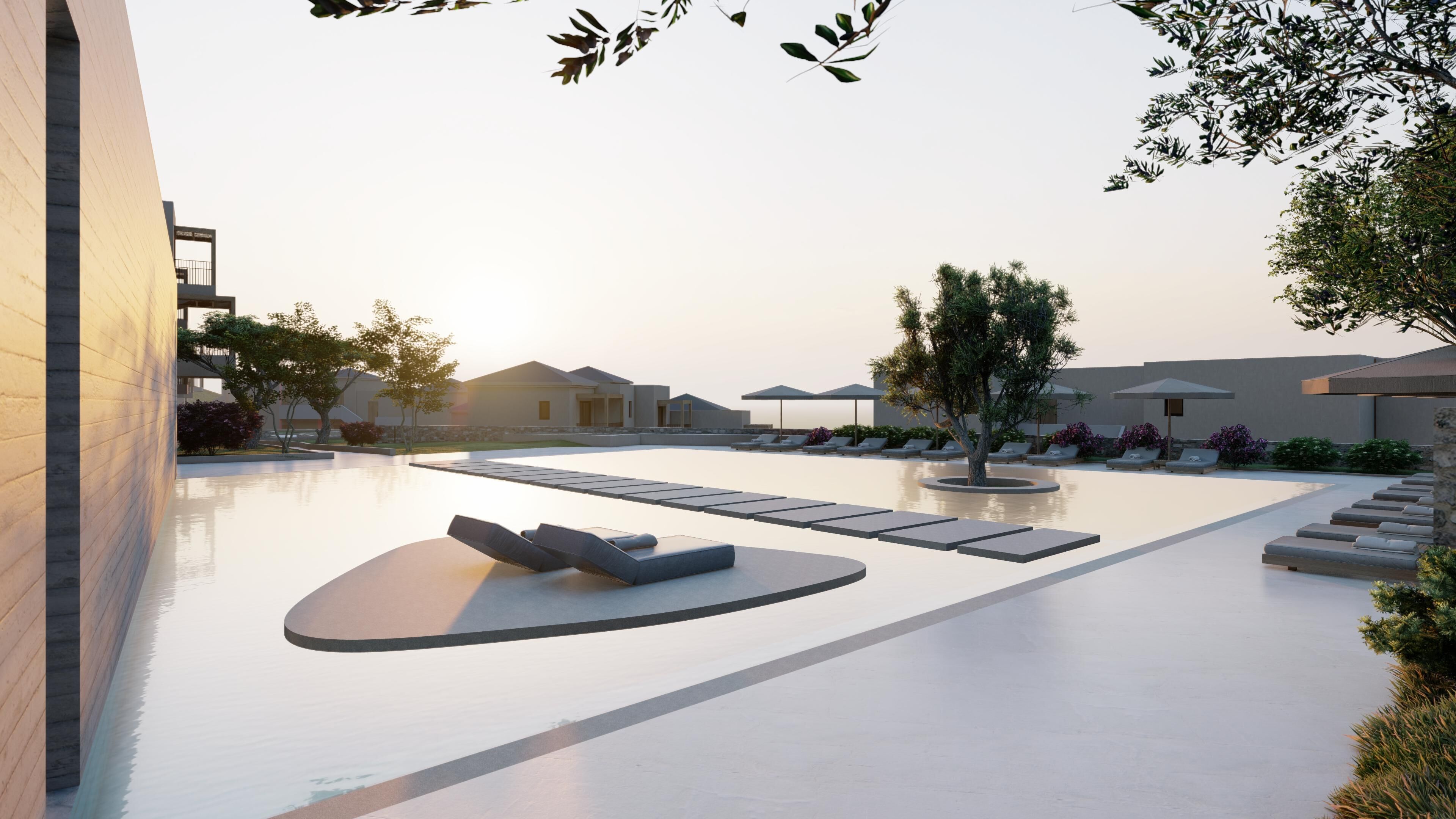 Ein moderner Poolbereich mit Liegestühlen und einer zentralen Wasserspülung.