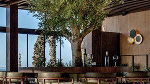 Un espace bar moderne avec un grand arbre, des tabourets de bar et une vue sur le ciel grâce à de grandes fenêtres.