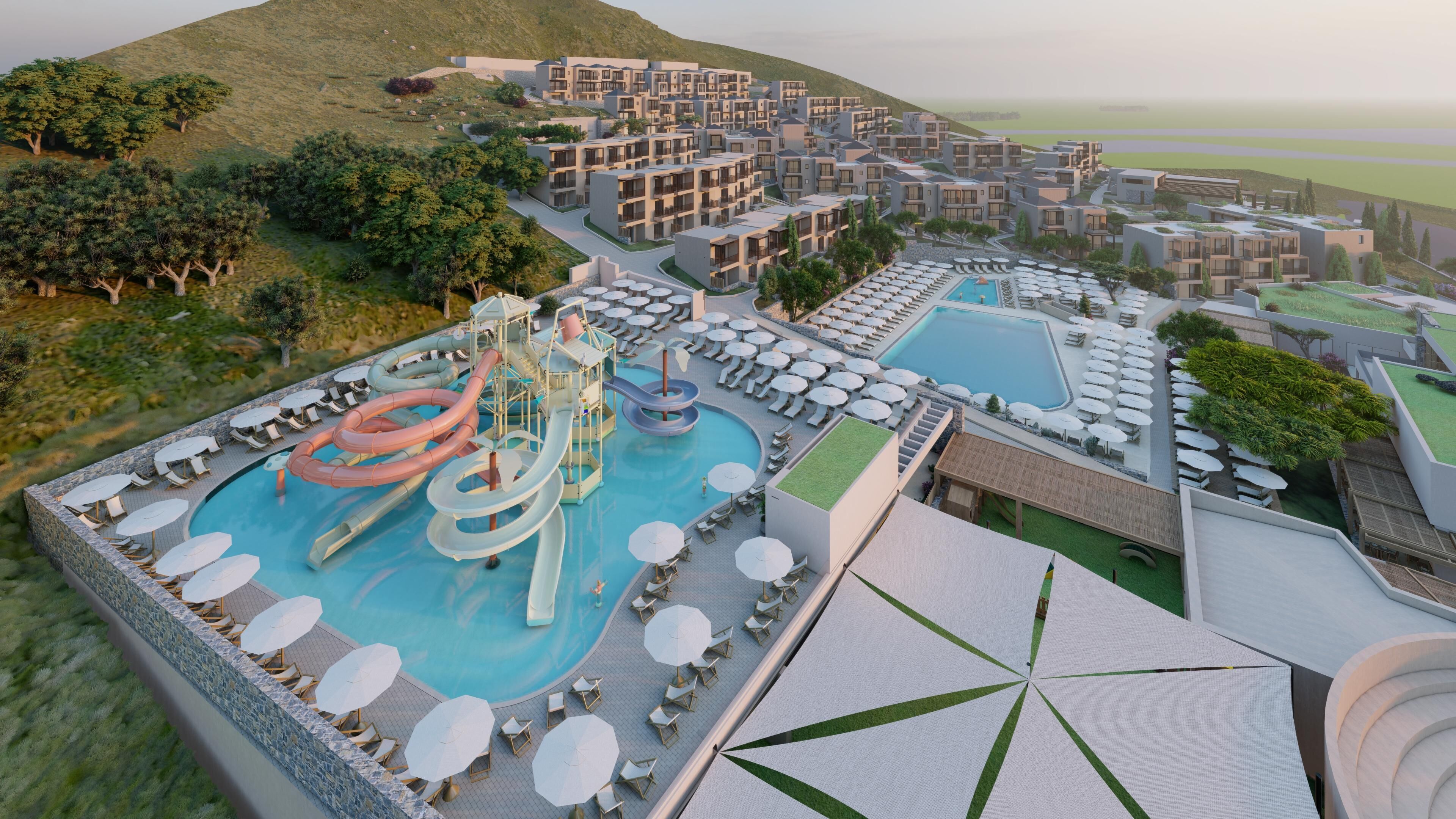 Piscina stagionale all'aperto, ombrelloni da piscina, lettini