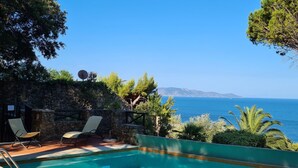 A pool with a view of the sea, surrounded by trees and a stone wall.