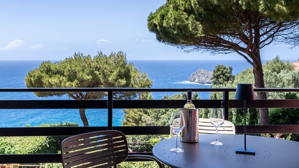 A terrace with a table, chairs, and a view of the sea and trees.