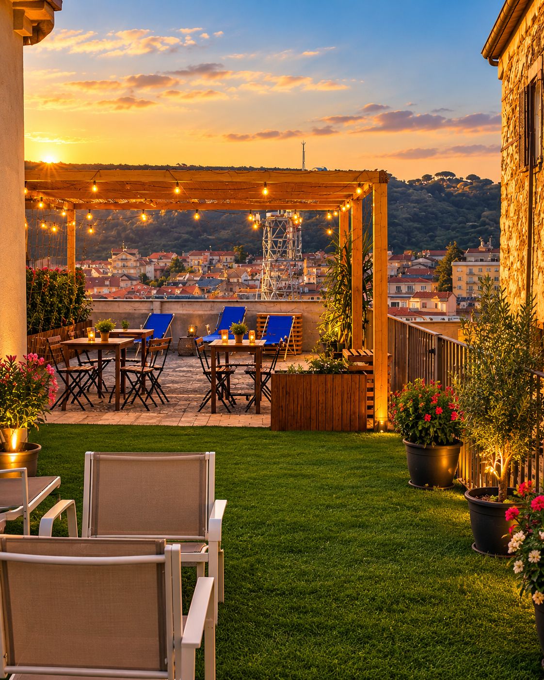 A patio with outdoor seating, a pergola, and a view of a town.