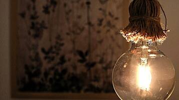 A light bulb hanging from a rope.