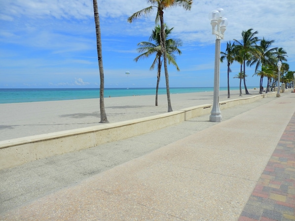 Une plage avec une promenade pavée bordée de palmiers et d’éclairages publics.