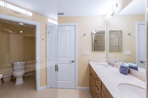 Combined shower/tub, hair dryer