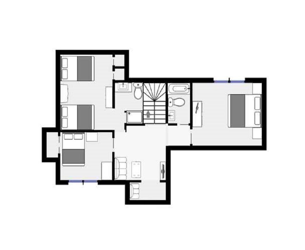 A floor plan of a hotel with a central hallway, multiple bedrooms, a bathroom, and a kitchen area.