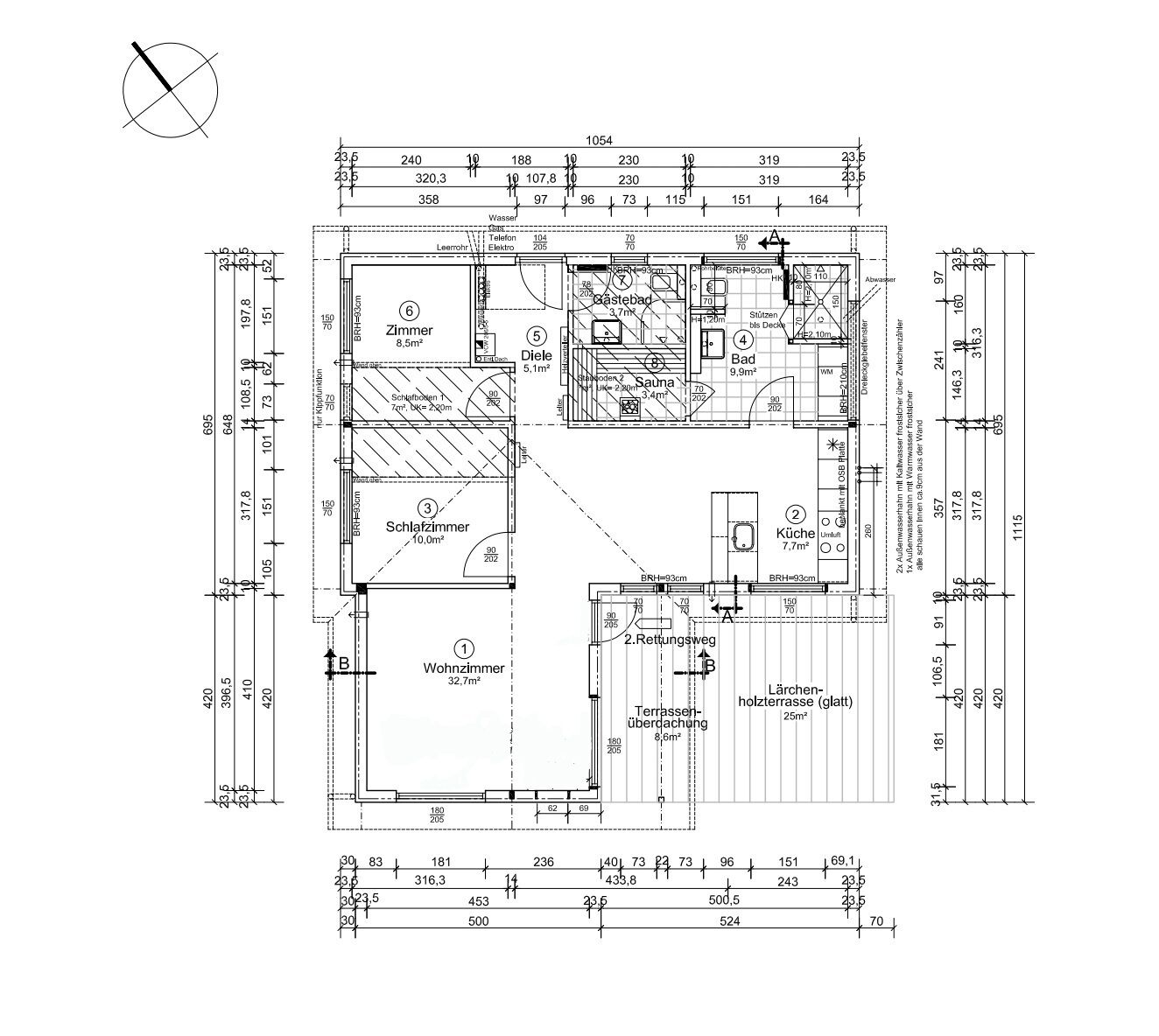 A detailed floor plan of a building with various rooms including a living room, bedroom, bathroom, and kitchen.