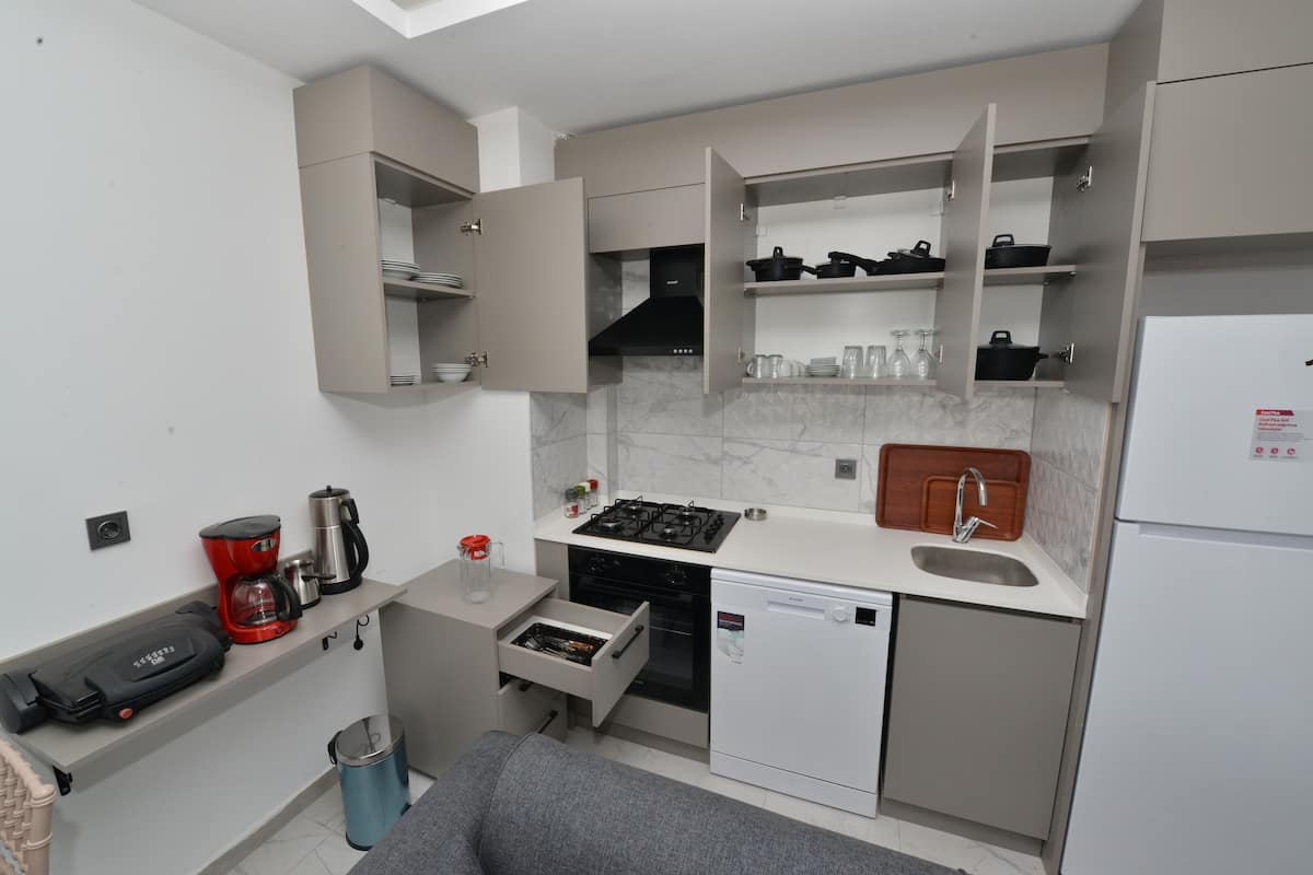 Full-sized fridge, oven, stovetop, dishwasher