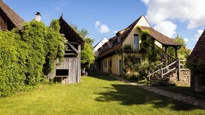 A narrow cobblestone path leading to a traditional house with a steeply pitched roof, surrounded by lush greenery. - Viscri 125 (Bunesti)