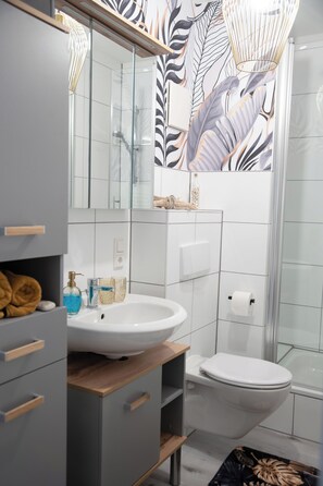 Sèche-cheveux, serviettes fournies, savon, papier toilette