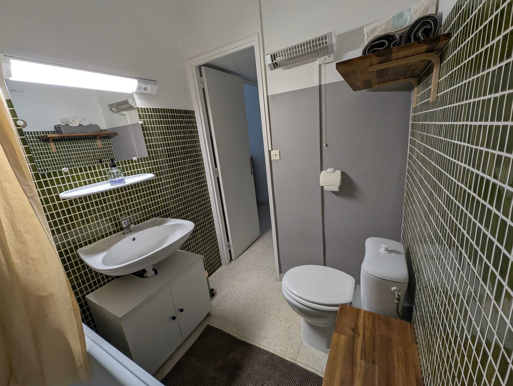 Hair dryer, towels, toilet paper