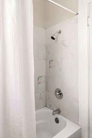 Hair dryer, towels, soap, toilet paper