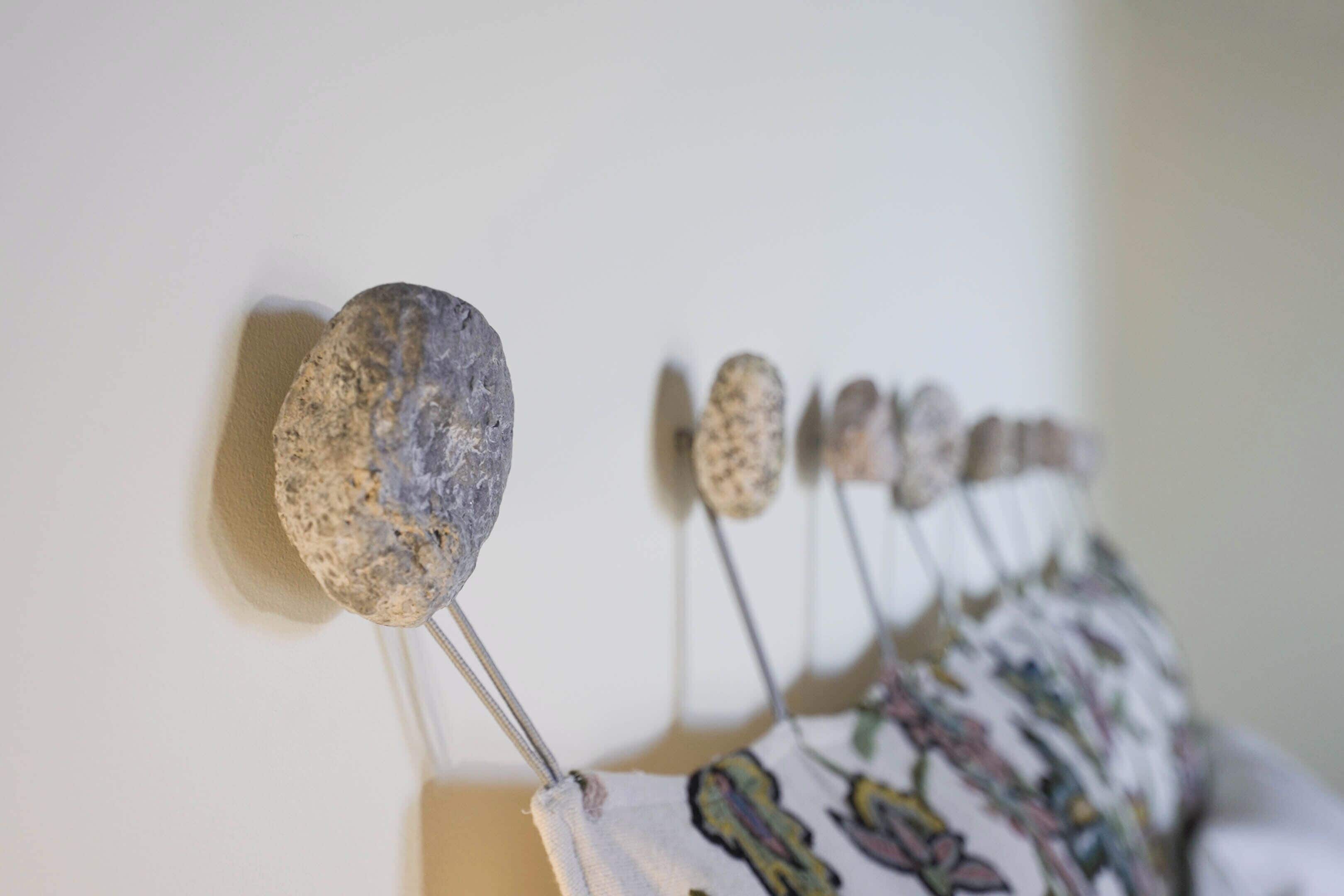 A wall-mounted rack with several metal hooks holding items.