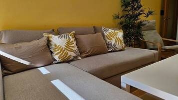 A living room with a sofa, a coffee table, and a plant.