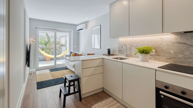 A modern kitchen with white cabinetry, a black stove, and a potted plant on the counter.