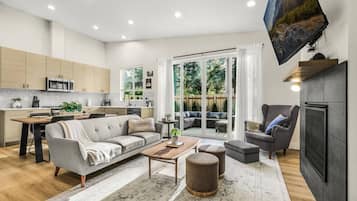 Smart TV, lareira, livros, aparelho de som