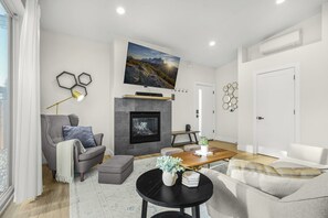 TV connectée, cheminée, livres, chaßne hi-fi
