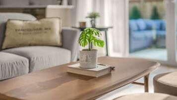 Een smart-tv, een open haard, boeken en een stereo