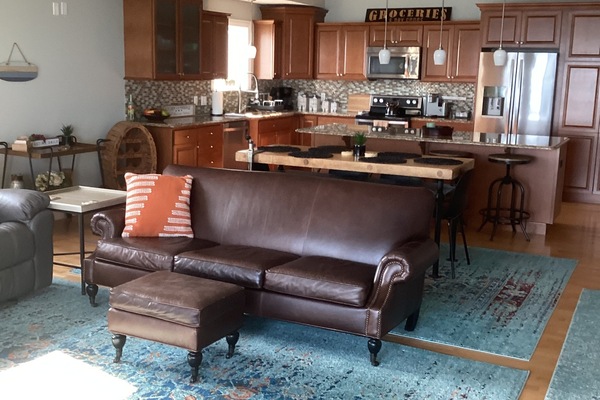 Spacious open concept kitchen and living room.