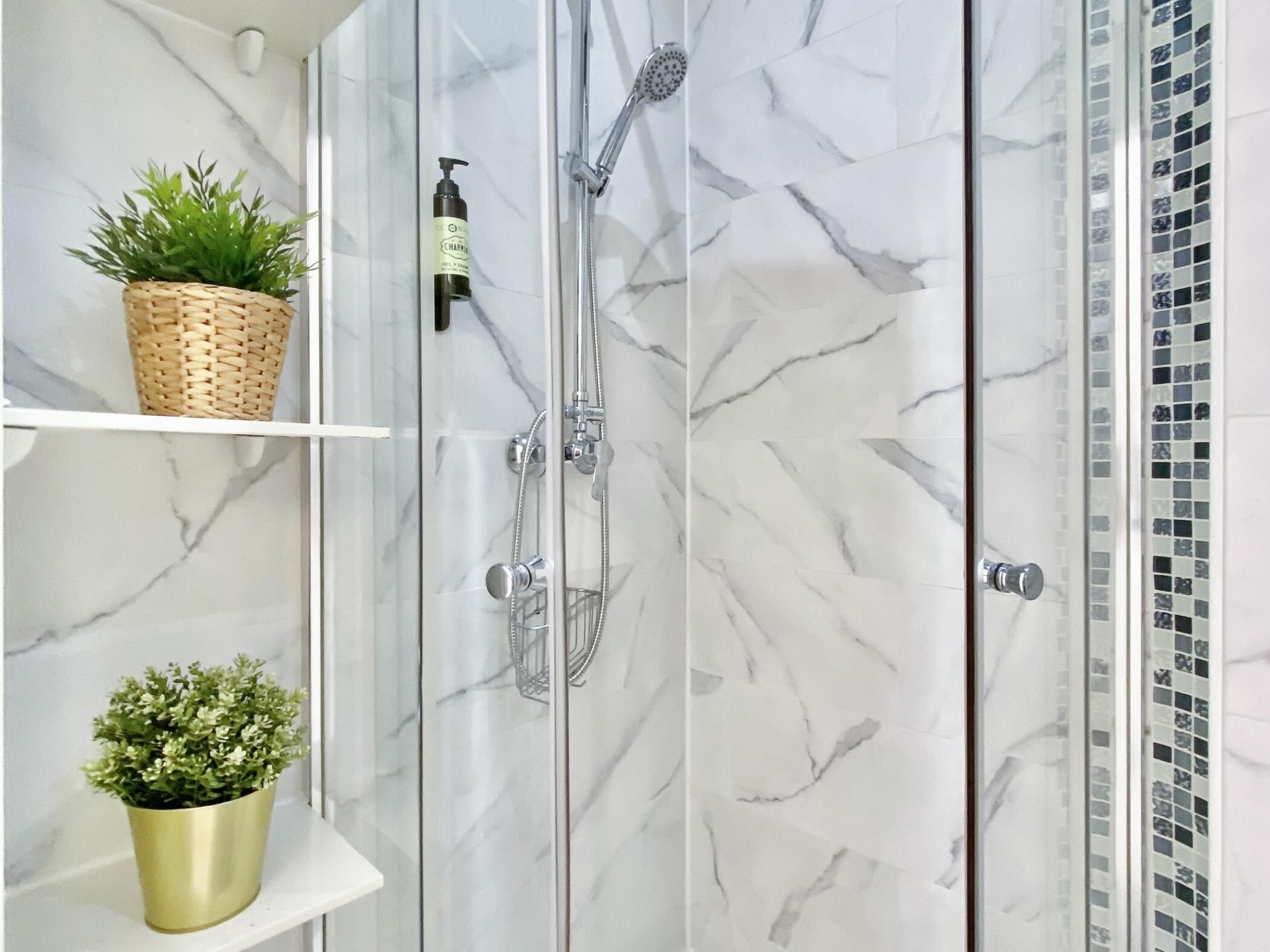 Een douche met glazen wanden, een marmerlook, een shampoo fles en twee planten in potten op planken.
