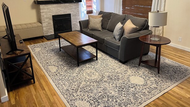 A living room with a sofa, coffee table, TV, fireplace, and a rug. - Centrally located home in the heart of Twin Falls.  (Twin Falls)
