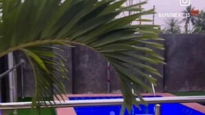 Una piscina con revestimiento azul y zona ajardinada con césped artificial.