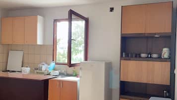 Fridge, oven, electric kettle, cookware/dishes/utensils