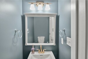 Hair dryer, towels, soap, shampoo