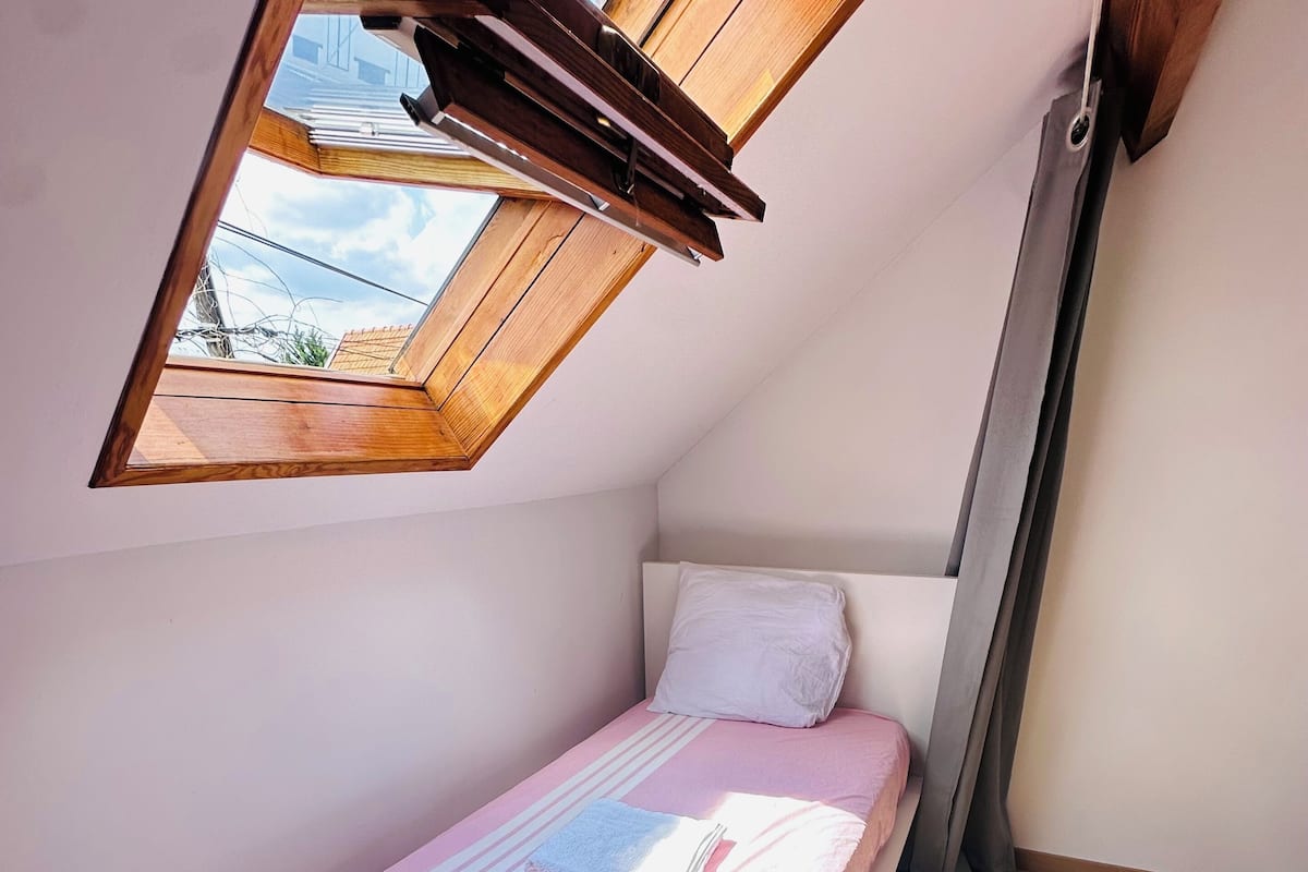 A small, single-bed room with a sloped ceiling and a skylight, wooden flooring, and a simple bed with a pink bedspread and white pillow.