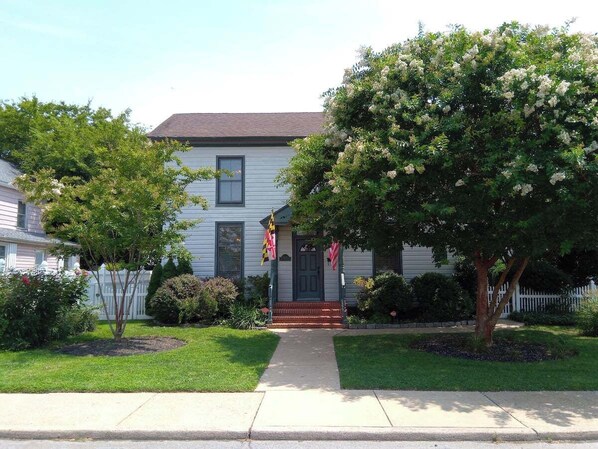 A residential house with a front yard, a sidewalk, and a flag.