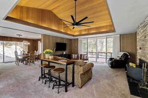 TV connectée, cheminée, livres