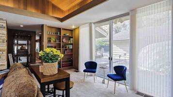 TV connectée, cheminée, livres