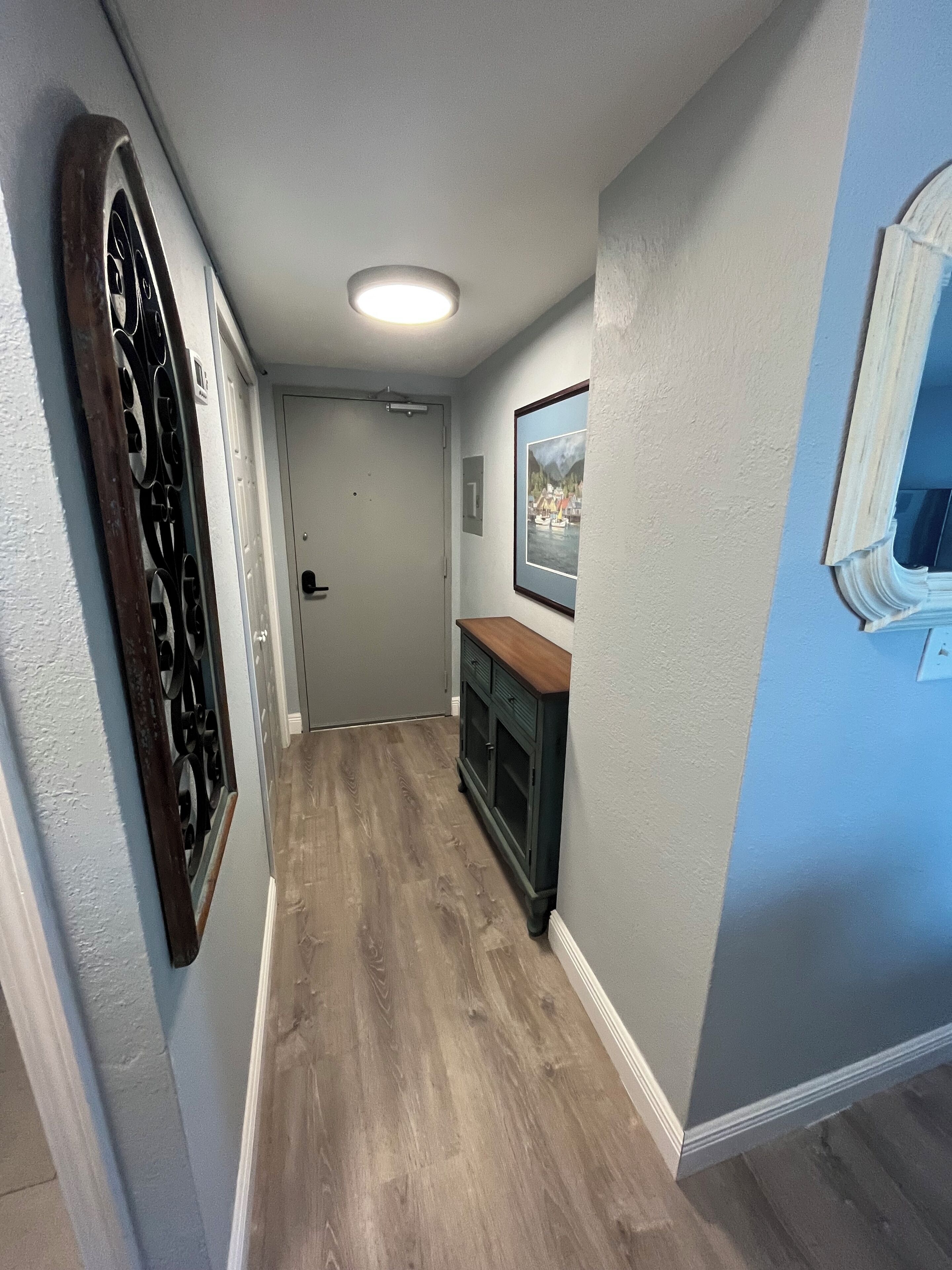 Un couloir étroit au plancher en bois, une porte au fond et un tableau encadré au mur.