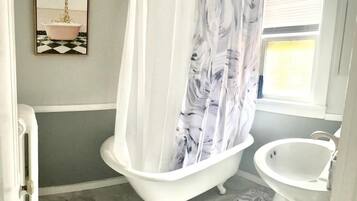 Hair dryer, towels, soap, shampoo