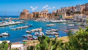 A marina with numerous boats docked, buildings in the background, and a clear sky.