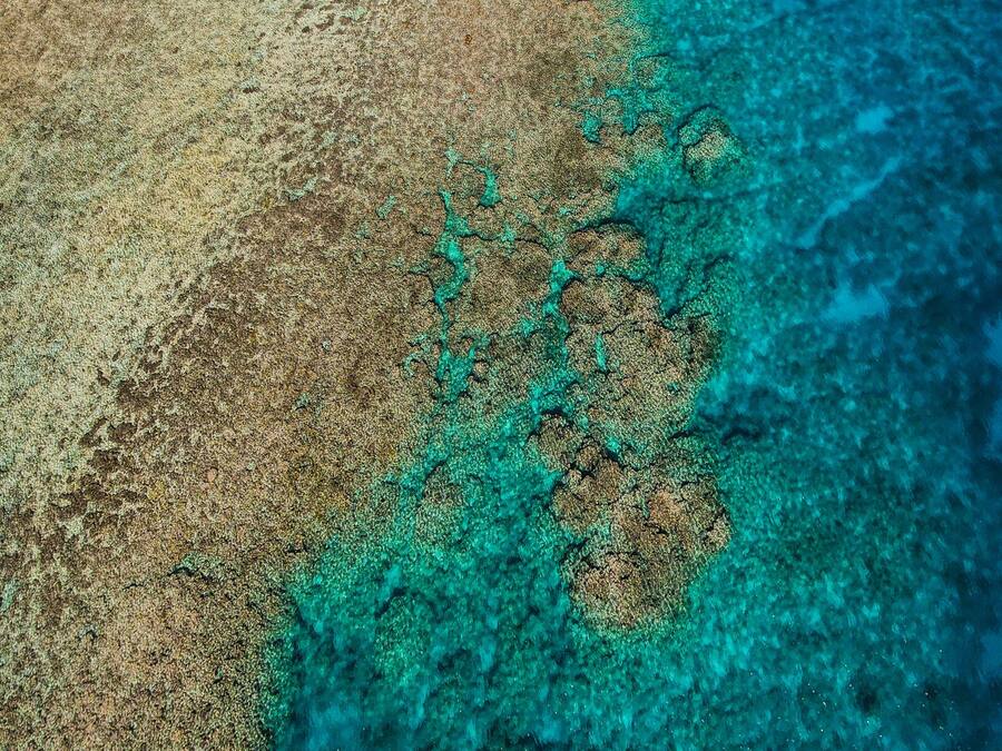 Vista aèria d'una zona costera amb aigües turqueses cristal·lines, platges de sorra i vegetació dispersa.