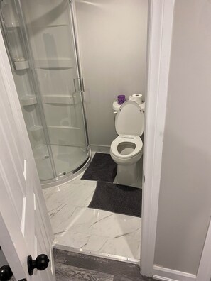 Bathroom features a glass-enclosed shower, toilet, and marble floor.