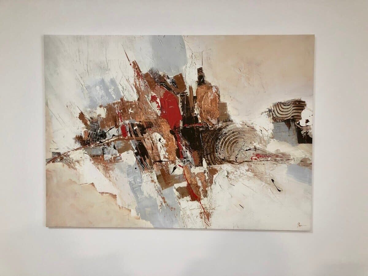 A painting with abstract forms and textures.
