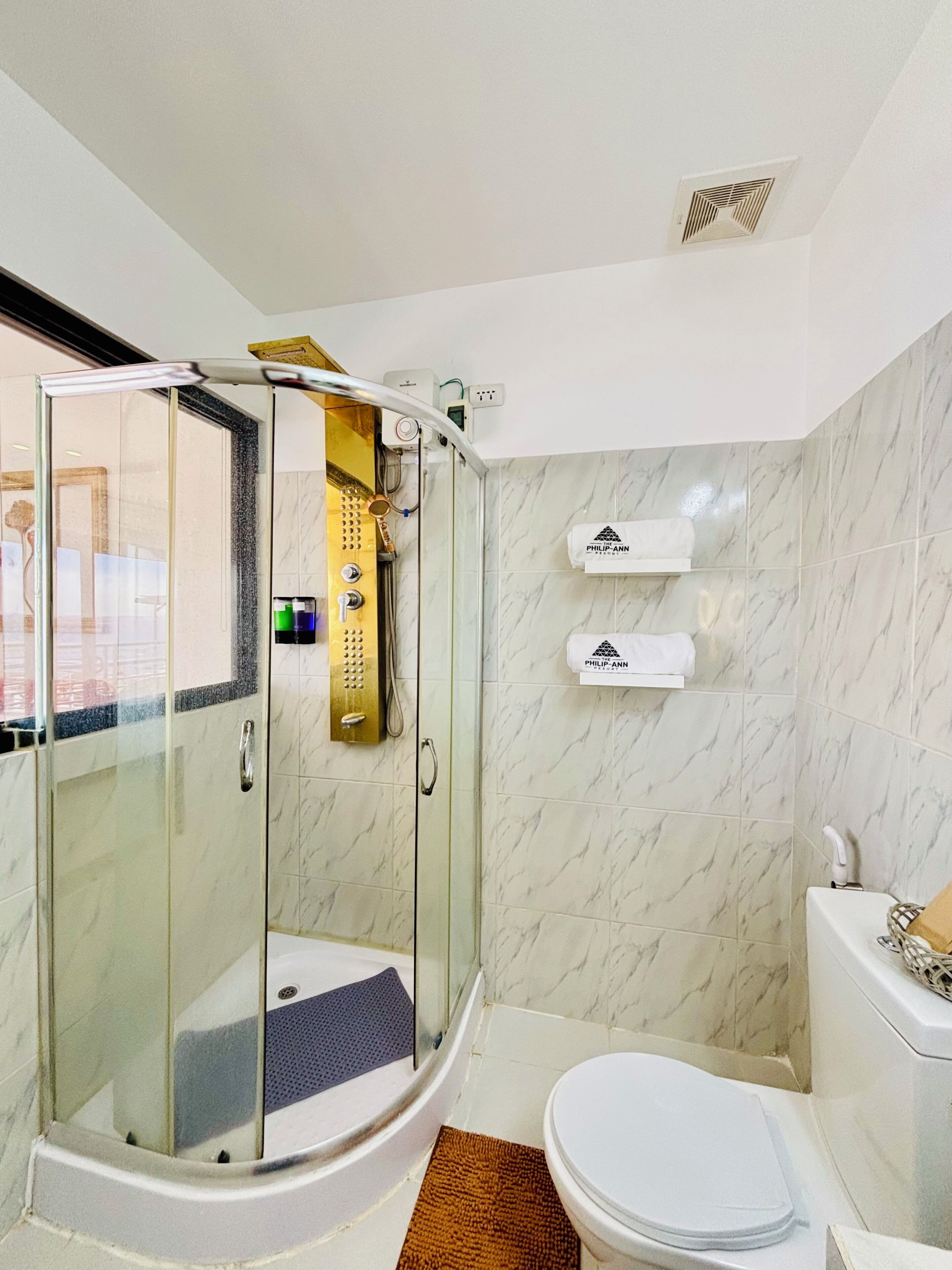 A bathroom with a glass-enclosed shower, a toilet, marble walls, and a towel rack.