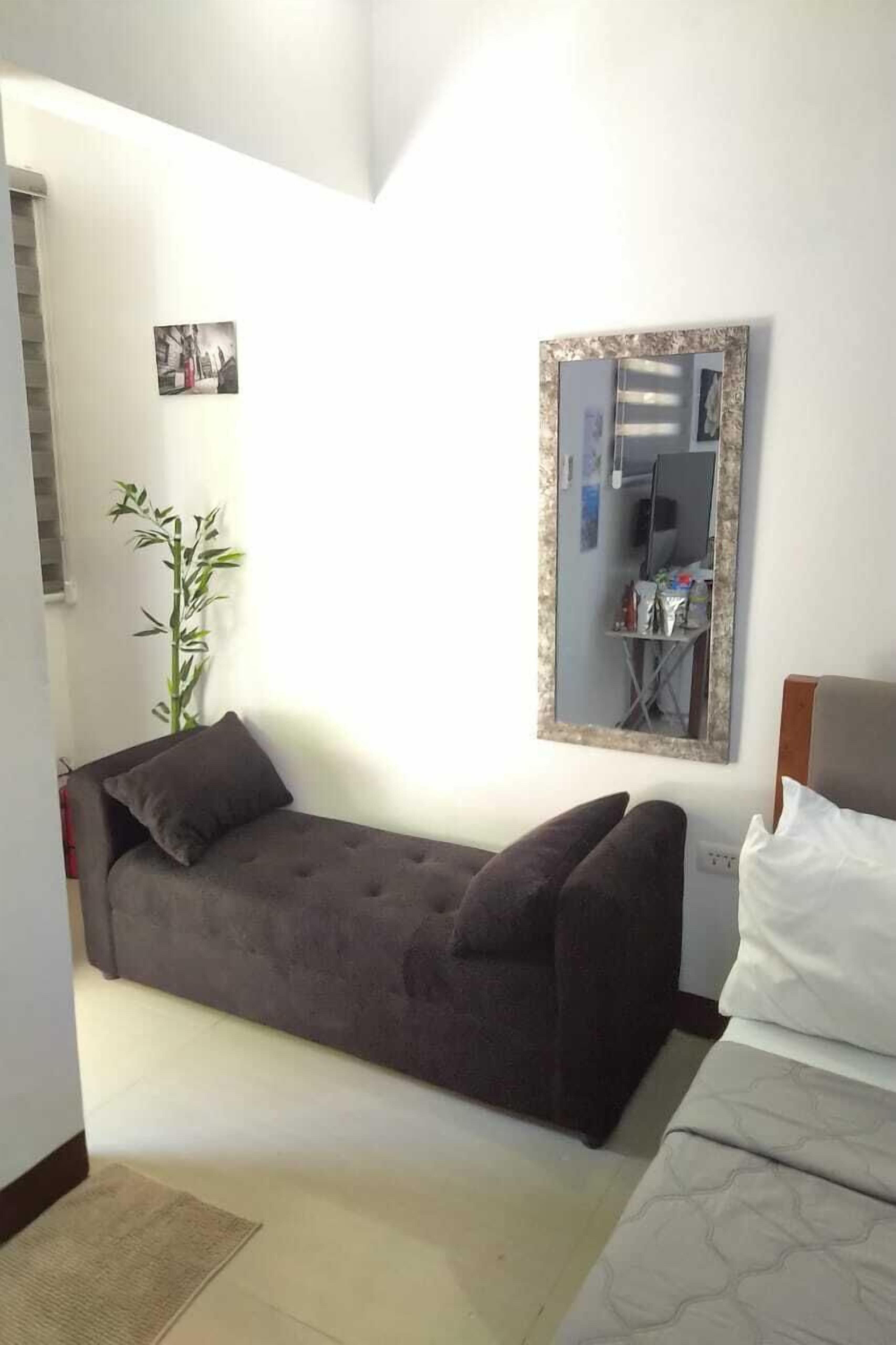 A small, modern room with a sofa, a bed, a mirror, and a small plant.