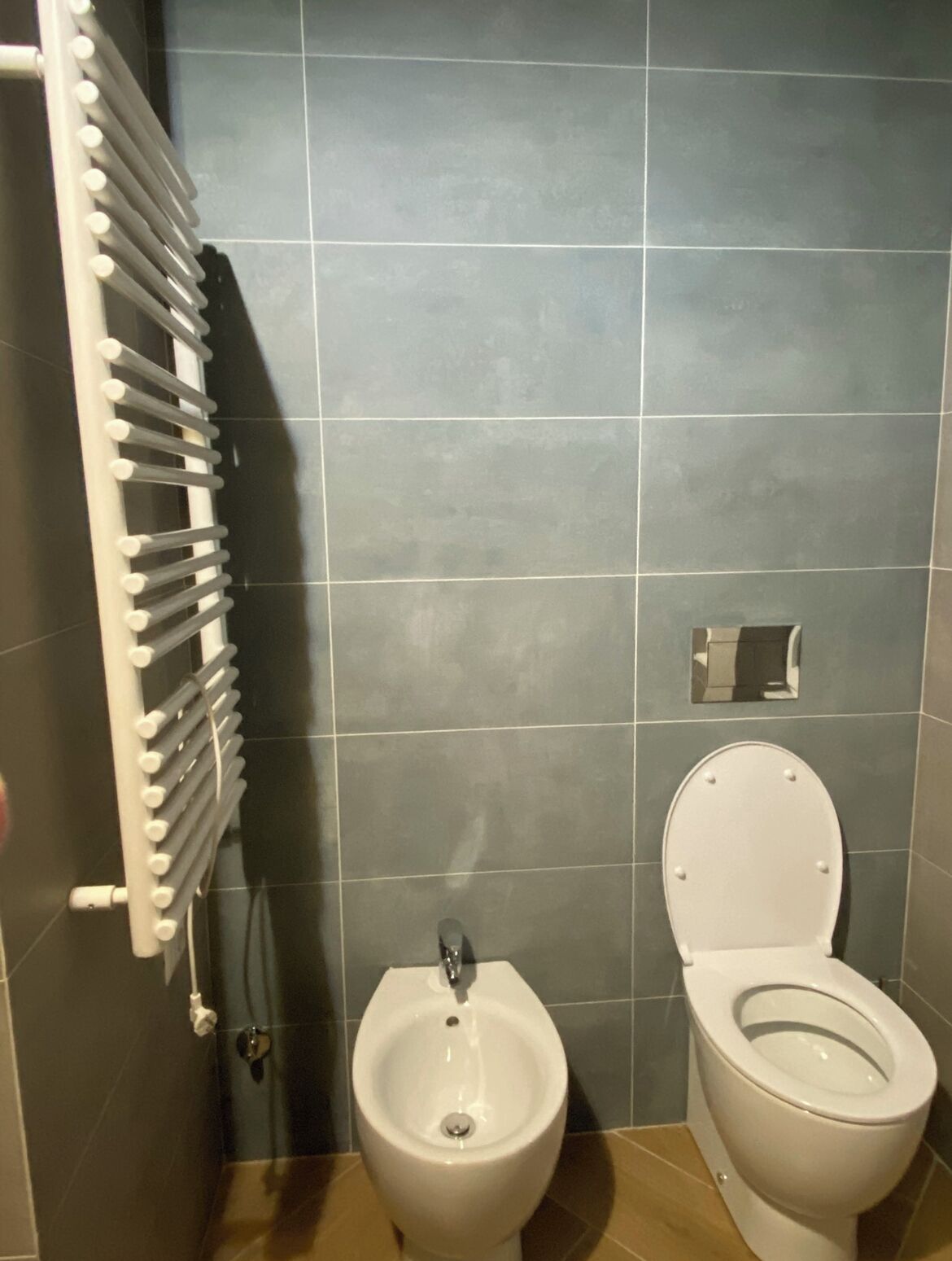 Une salle de bain équipée d’un bidet, de toilettes et d’un sèche-serviettes.