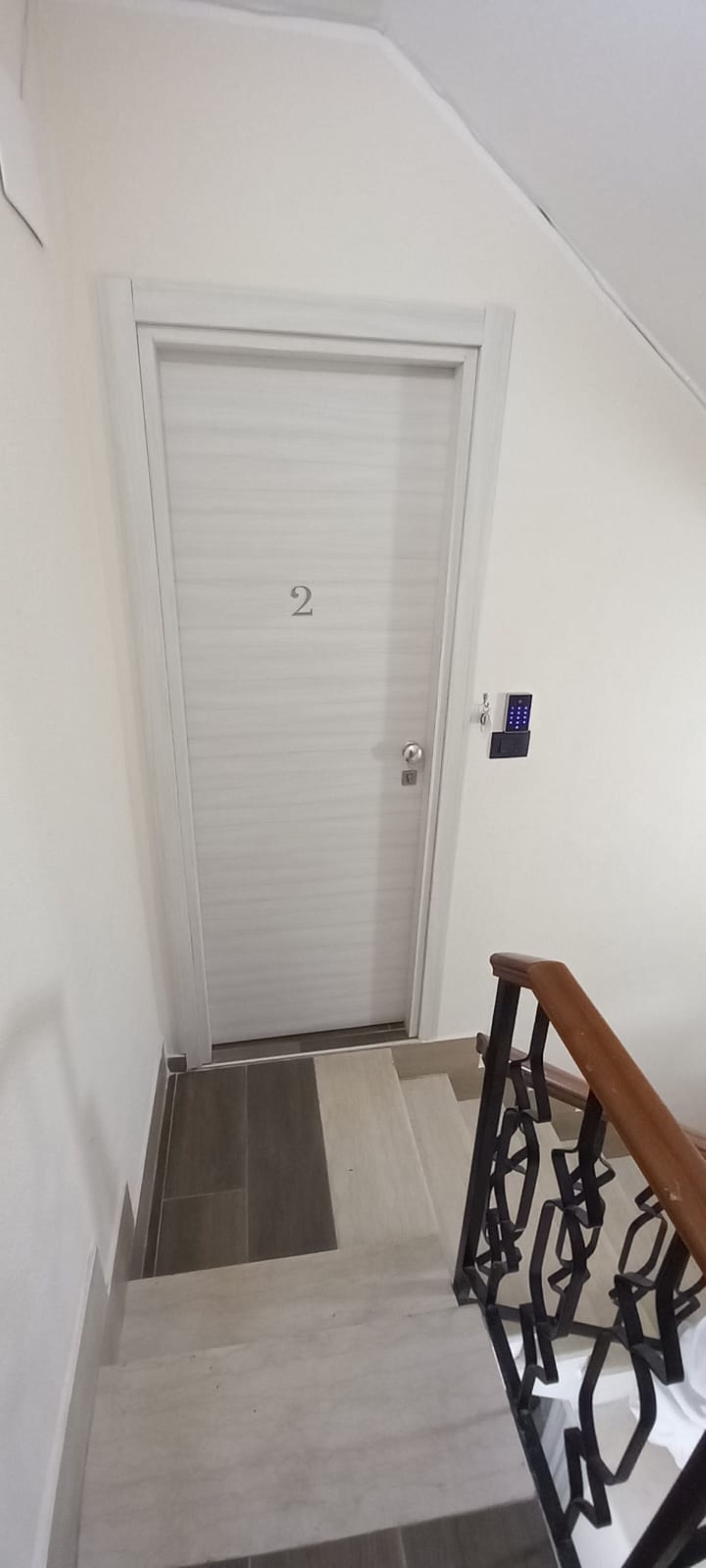 A staircase with a closed door, a small mat at the bottom, and a handrail on the right.