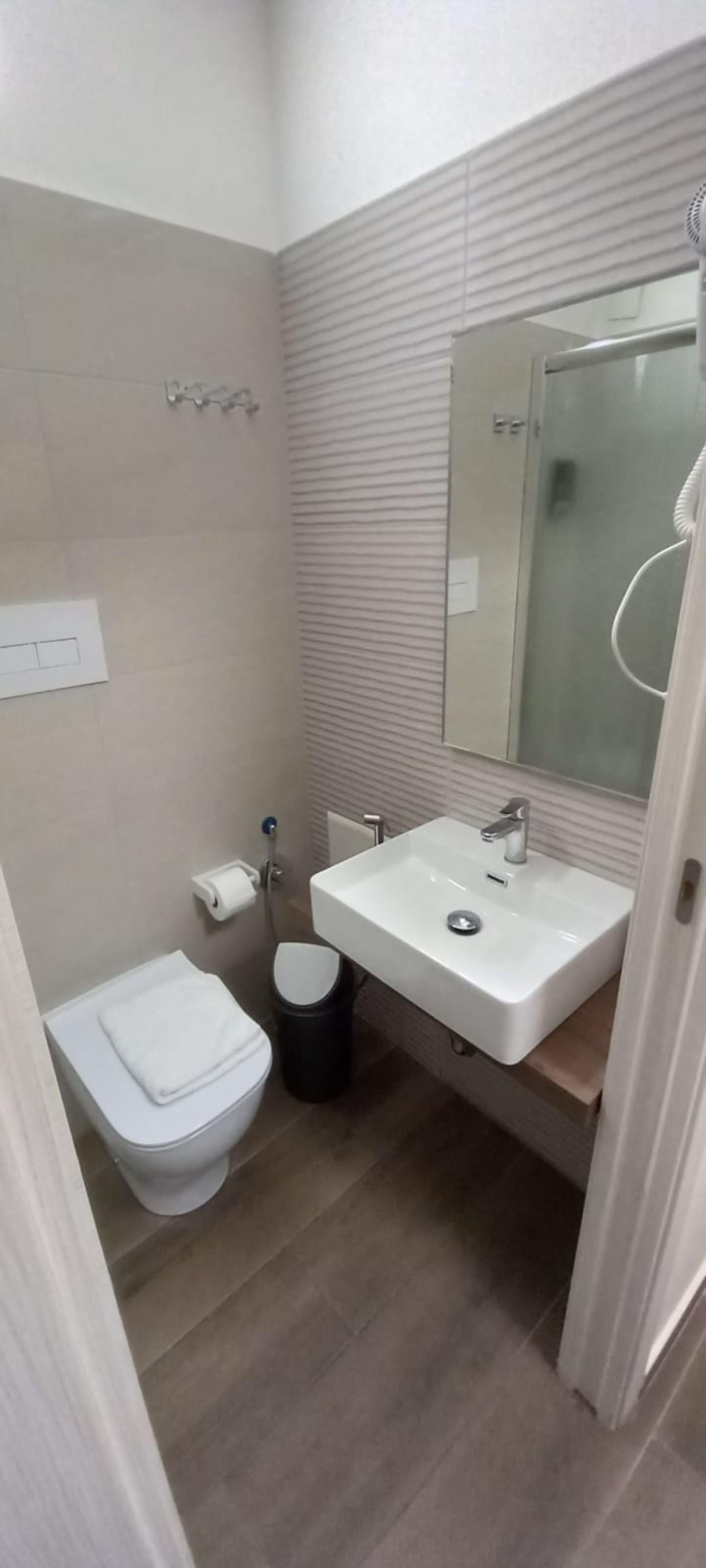 A small, modern bathroom with a toilet, sink, and mirror.